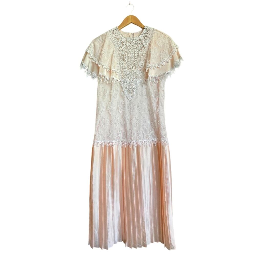 VINTAGE 80s McClintock Pink Satin Drop Waist Tea Length Prom Dress Size Med